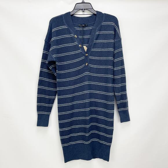 prAna Womens Milani Henley Dress Medium Nautical Stripe Blue Waffle Knit NWT - Picture 2 of 9